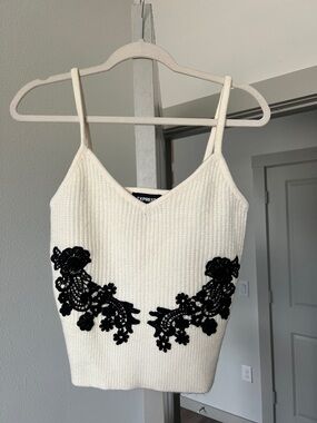 Express White Ribbed Cami with Black Lace Trim